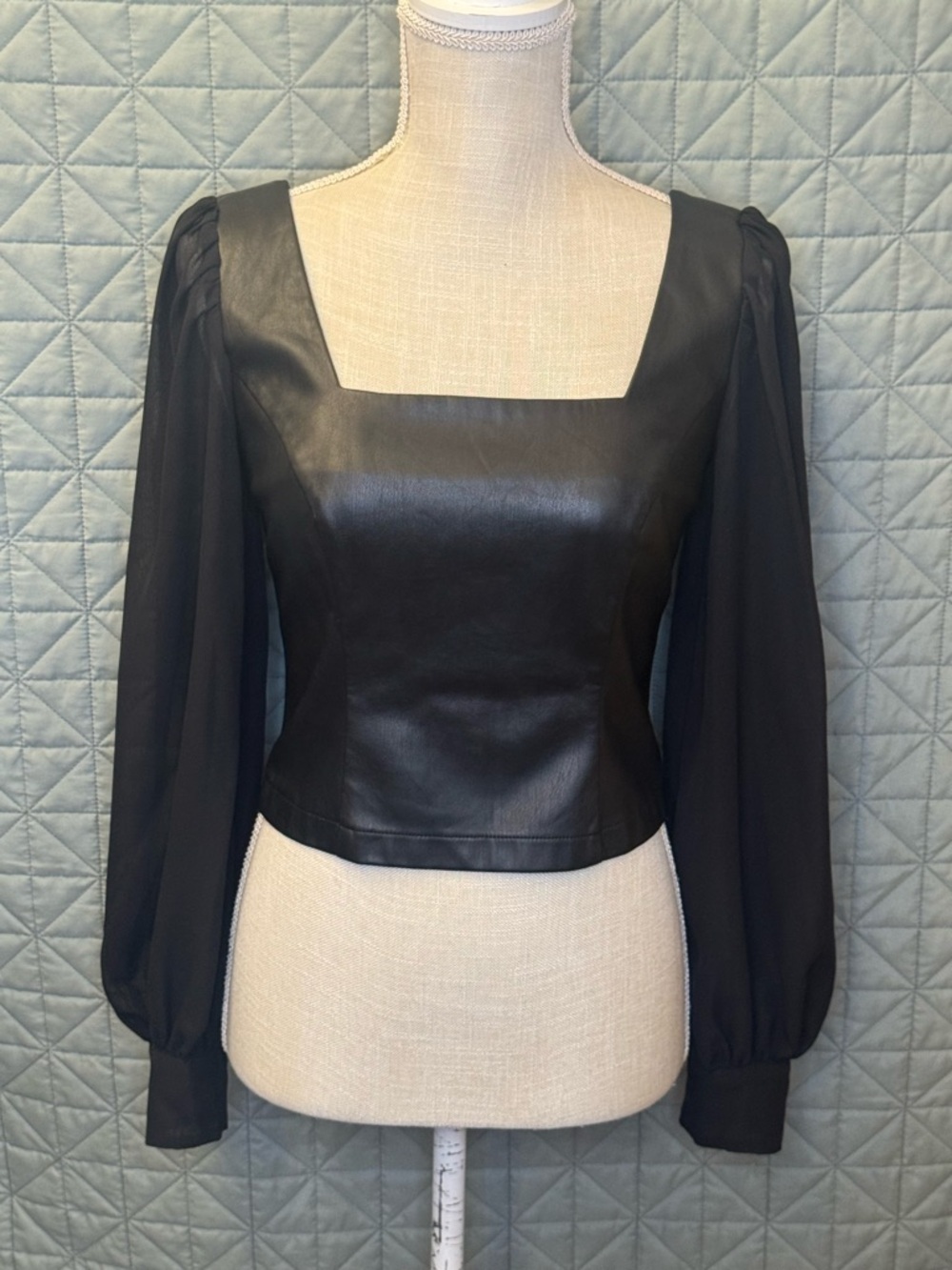 Bar III Black Faux Leather Square-Neck Puff Sleeve Blouse